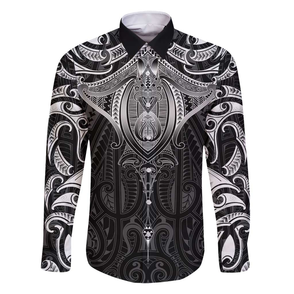 New Zealand Aotearoa Family Matching Long Sleeve Bodycon Dress and Hawaiian Shirt Maori Manta Ray Moko Black - Polynesian Pride