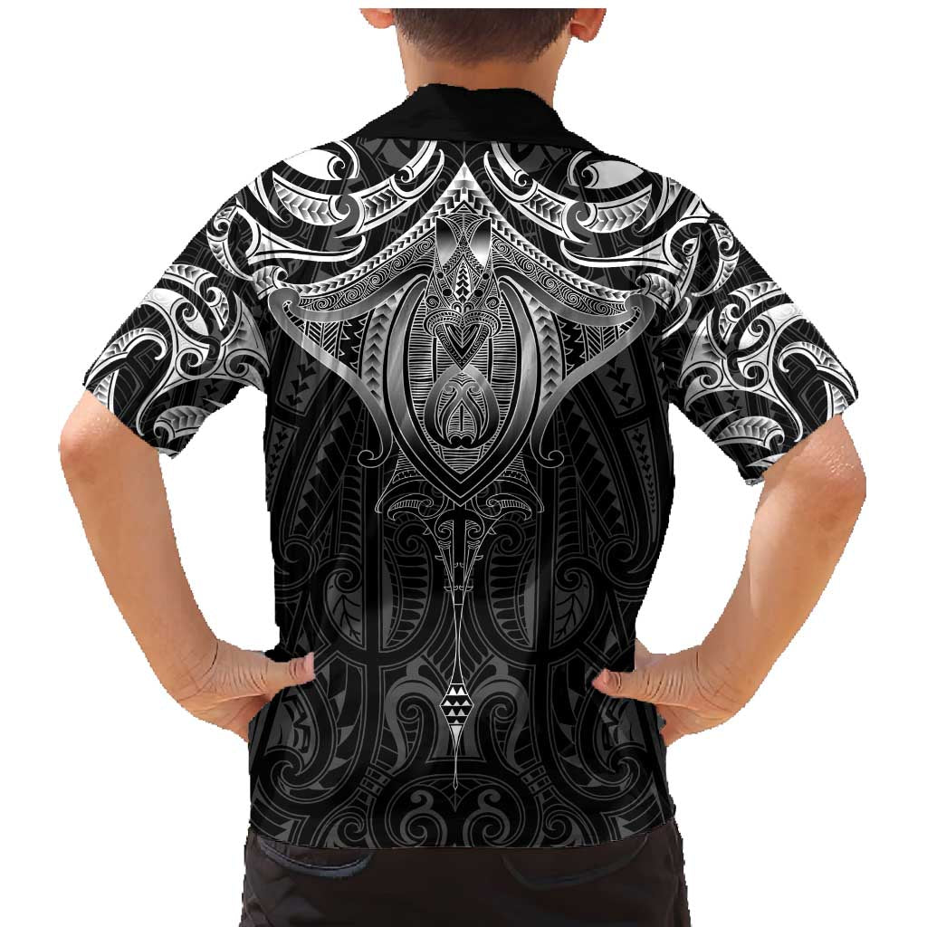 New Zealand Aotearoa Family Matching Mermaid Dress and Hawaiian Shirt Maori Manta Ray Moko Black - Polynesian Pride