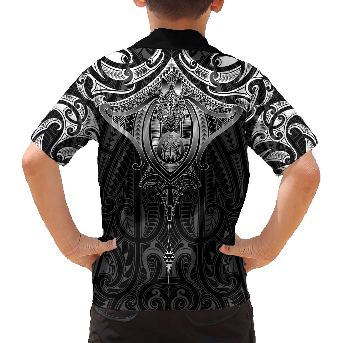 New Zealand Aotearoa Family Matching Off The Shoulder Long Sleeve Dress and Hawaiian Shirt Maori Manta Ray Moko Black - Polynesian Pride