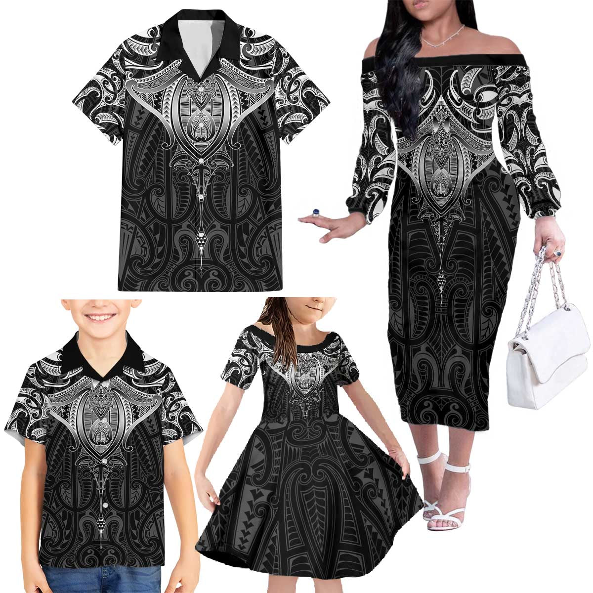 New Zealand Aotearoa Family Matching Off The Shoulder Long Sleeve Dress and Hawaiian Shirt Maori Manta Ray Moko Black - Polynesian Pride