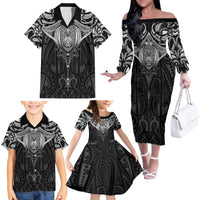 New Zealand Aotearoa Family Matching Off The Shoulder Long Sleeve Dress and Hawaiian Shirt Maori Manta Ray Moko Black - Polynesian Pride