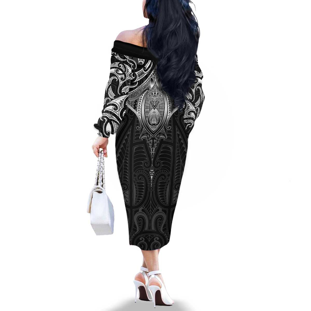New Zealand Aotearoa Family Matching Off The Shoulder Long Sleeve Dress and Hawaiian Shirt Maori Manta Ray Moko Black - Polynesian Pride