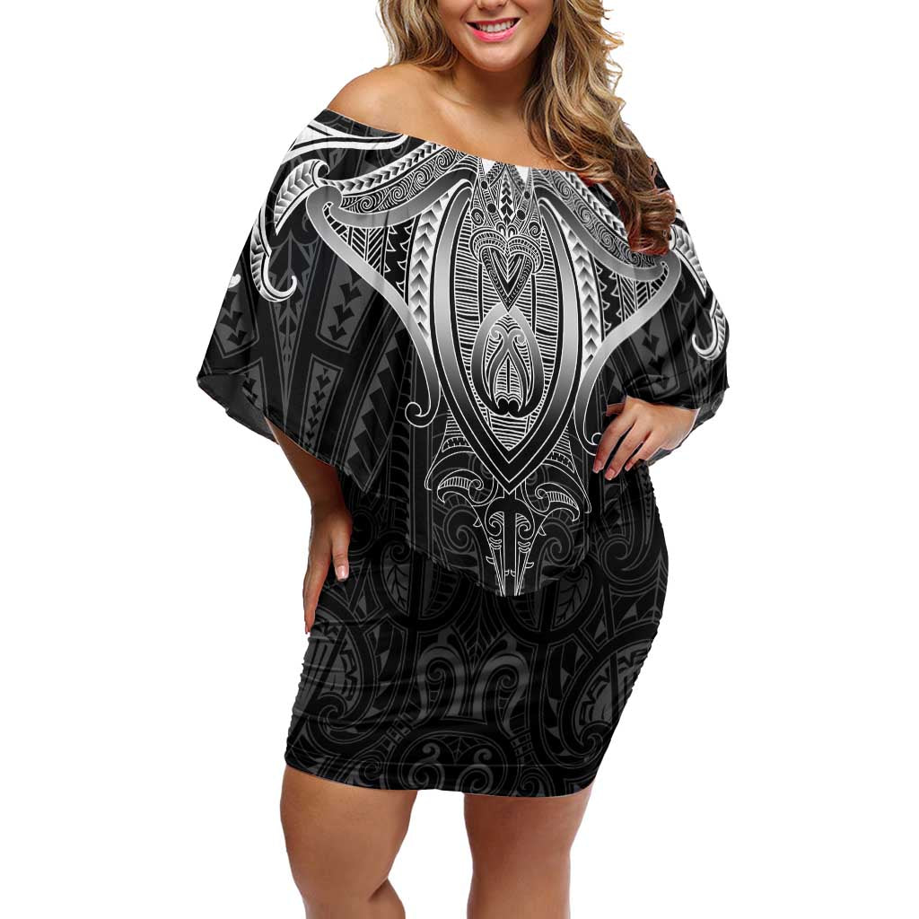 New Zealand Aotearoa Family Matching Off Shoulder Short Dress and Hawaiian Shirt Maori Manta Ray Moko Black - Polynesian Pride