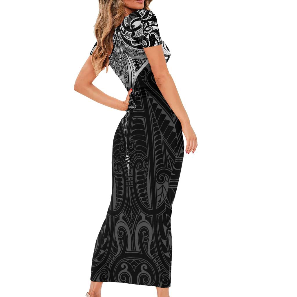 New Zealand Aotearoa Family Matching Short Sleeve Bodycon Dress and Hawaiian Shirt Maori Manta Ray Moko Black - Polynesian Pride