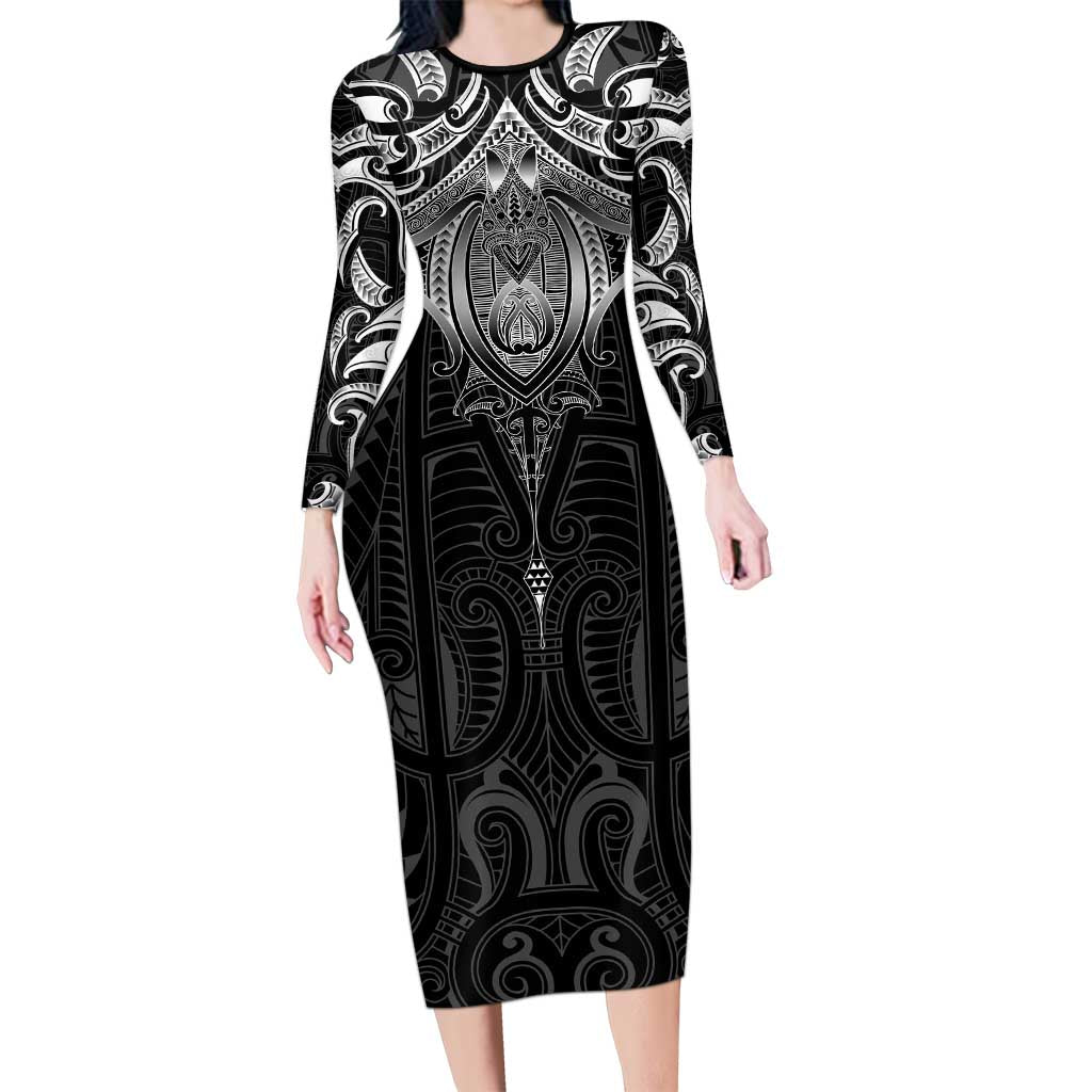 New Zealand Aotearoa Long Sleeve Bodycon Dress Maori Manta Ray Moko Black - Polynesian Pride