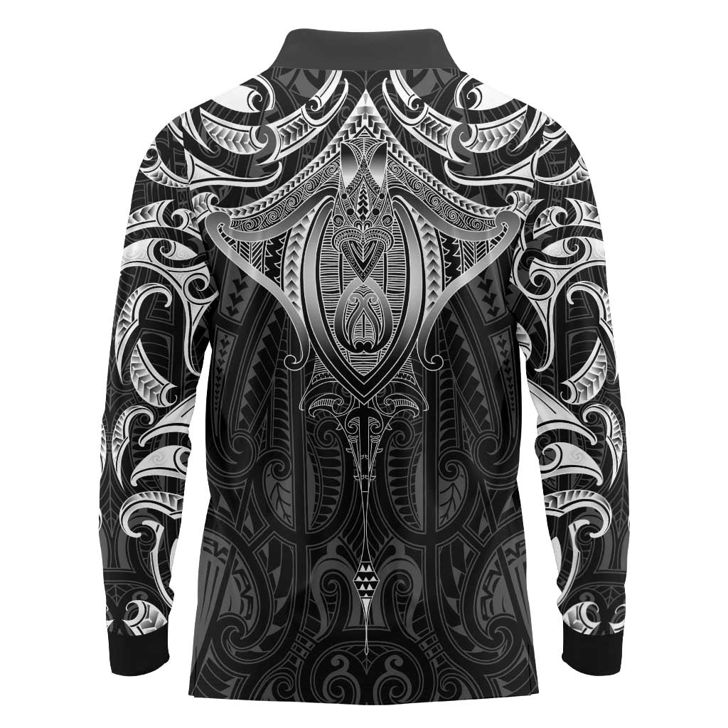 New Zealand Aotearoa Long Sleeve Polo Shirt Maori Manta Ray Moko Black - Polynesian Pride