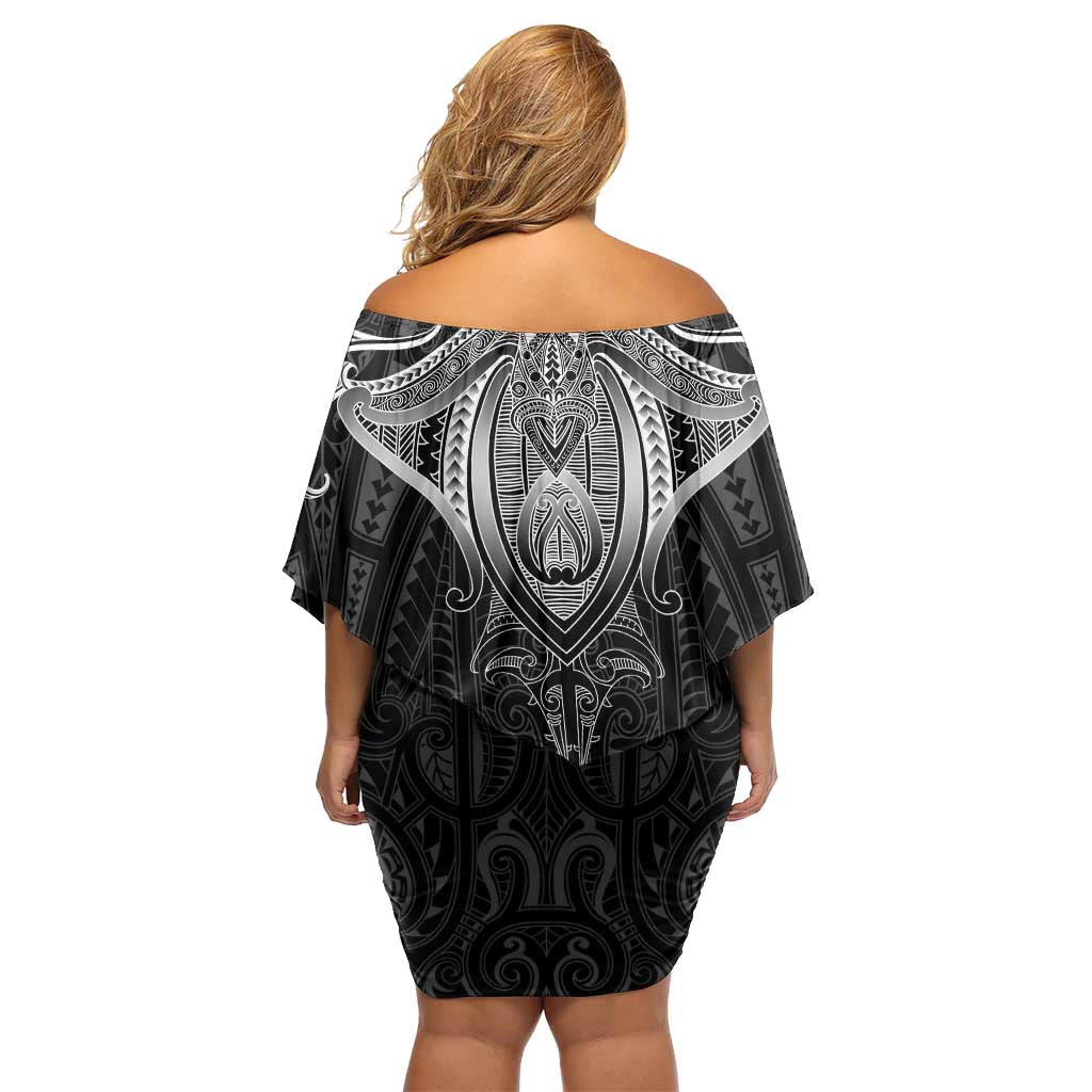 New Zealand Aotearoa Off Shoulder Short Dress Maori Manta Ray Moko Black - Polynesian Pride