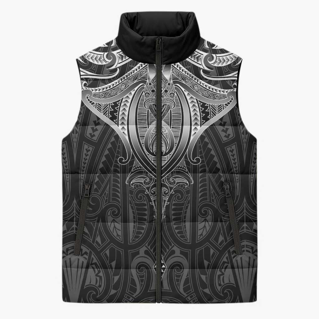 New Zealand Aotearoa Sleeveless Puffer Jacket Maori Manta Ray Moko Black LT05 Unisex Black - Polynesian Pride