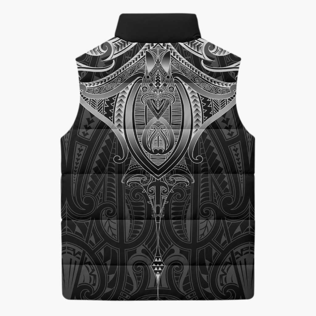 New Zealand Aotearoa Sleeveless Puffer Jacket Maori Manta Ray Moko Black LT05 - Polynesian Pride