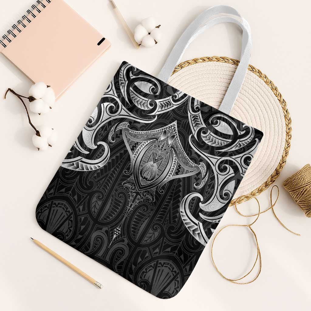 New Zealand Aotearoa Tote Bag Maori Manta Ray Moko Black LT05 White Strap One Size Black - Polynesian Pride