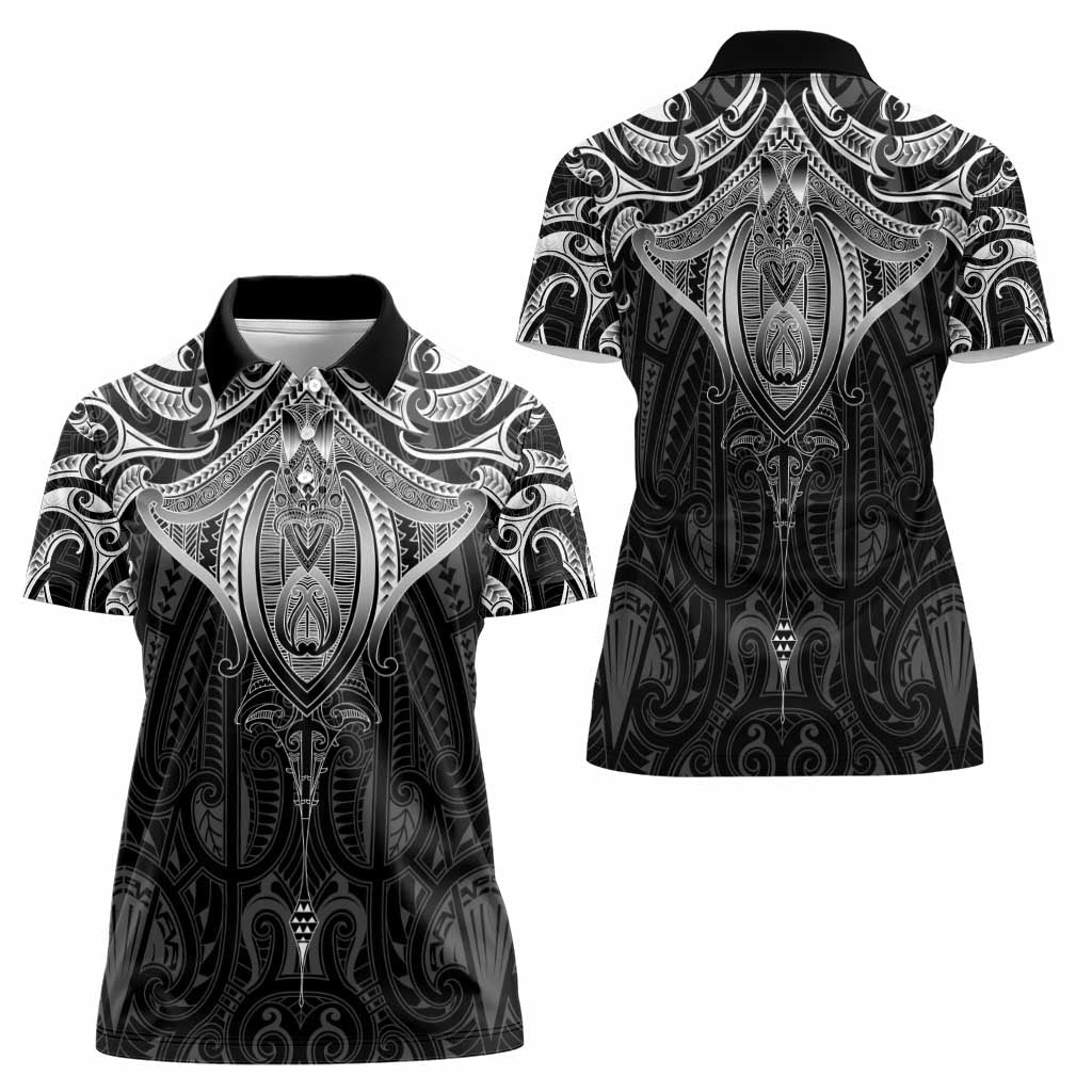 New Zealand Aotearoa Women Polo Shirt Maori Manta Ray Moko Black - Polynesian Pride