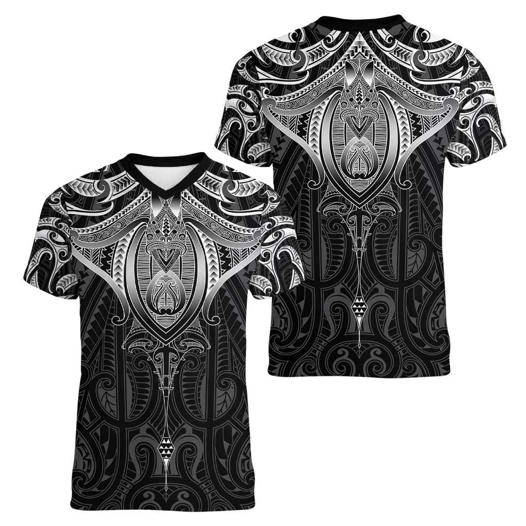 New Zealand Aotearoa Women V-Neck T-Shirt Maori Manta Ray Moko Black - Polynesian Pride