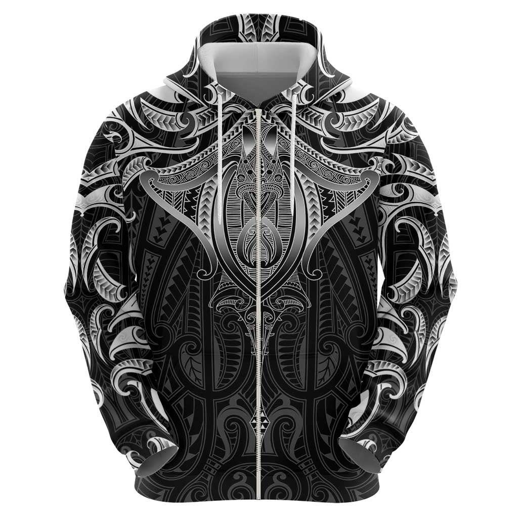 New Zealand Aotearoa Zip Hoodie Maori Manta Ray Moko Black - Polynesian Pride