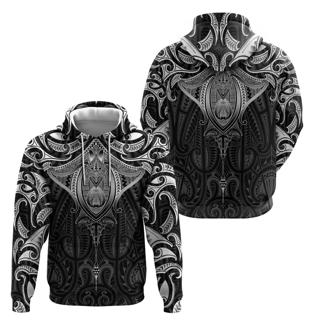 New Zealand Aotearoa Zip Hoodie Maori Manta Ray Moko Black - Polynesian Pride