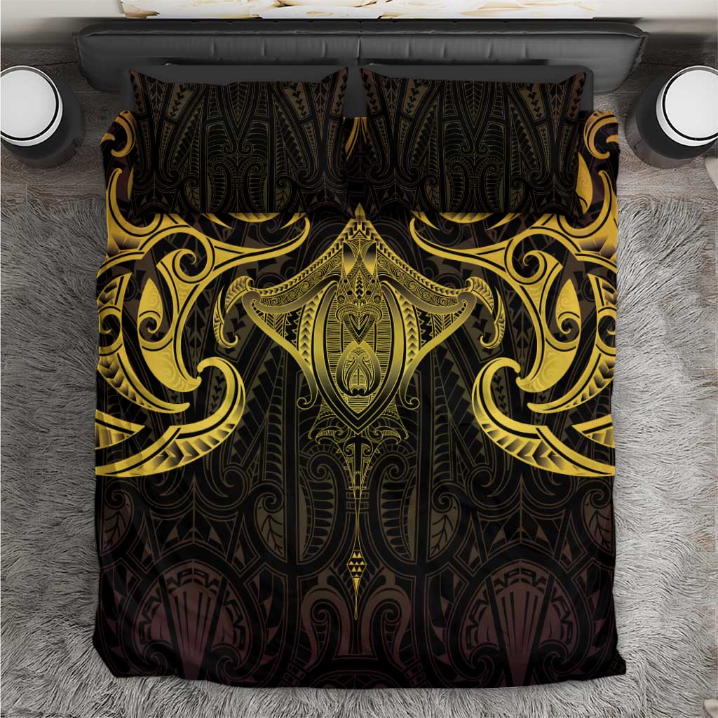 New Zealand Aotearoa Bedding Set Maori Manta Ray Moko Gold - Polynesian Pride