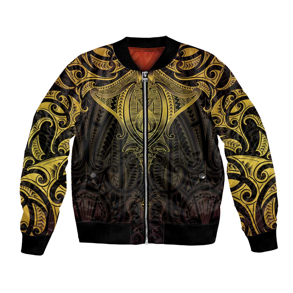 New Zealand Aotearoa Bomber Jacket Maori Manta Ray Moko Gold - Polynesian Pride