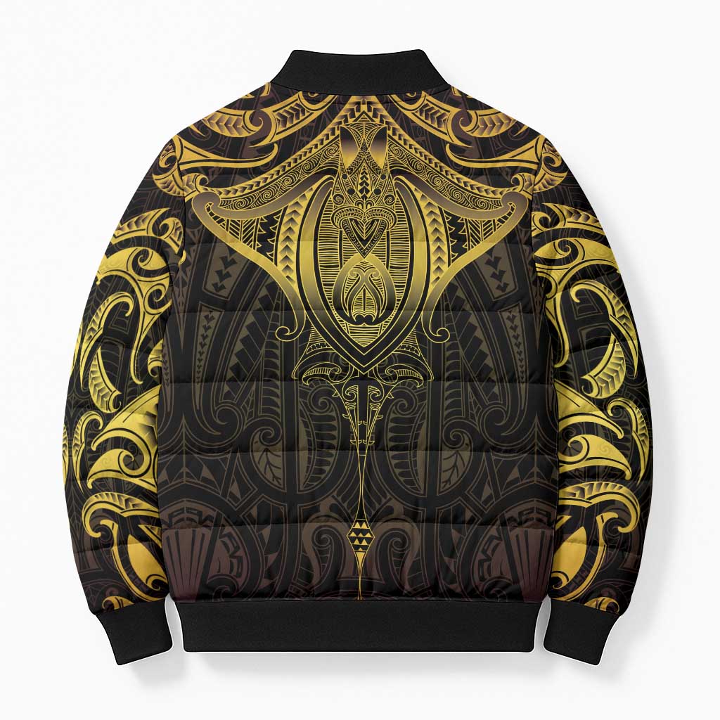 New Zealand Aotearoa Bomber Puffer Jacket Maori Manta Ray Moko Gold - Polynesian Pride
