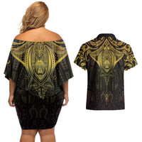 New Zealand Aotearoa Couples Matching Off Shoulder Short Dress and Hawaiian Shirt Maori Manta Ray Moko Gold - Polynesian Pride