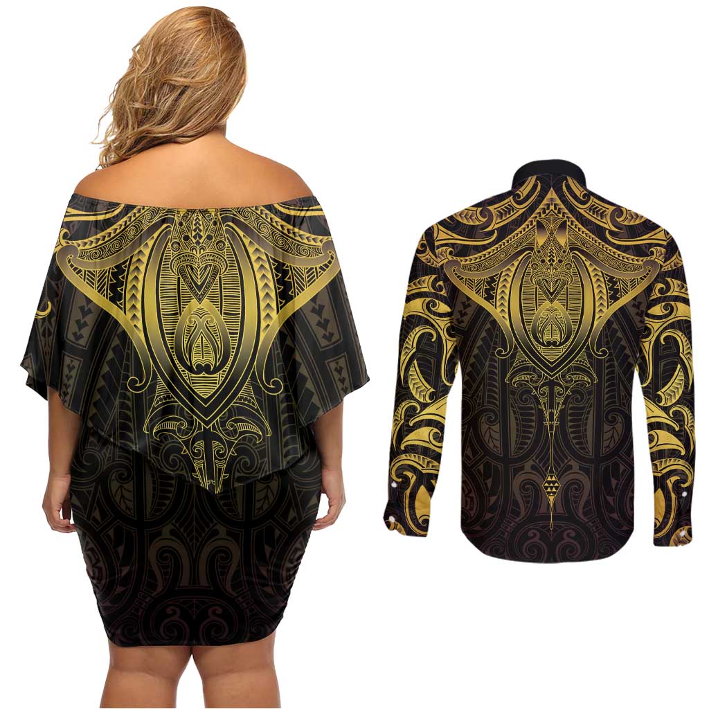 New Zealand Aotearoa Couples Matching Off Shoulder Short Dress and Long Sleeve Button Shirt Maori Manta Ray Moko Gold - Polynesian Pride