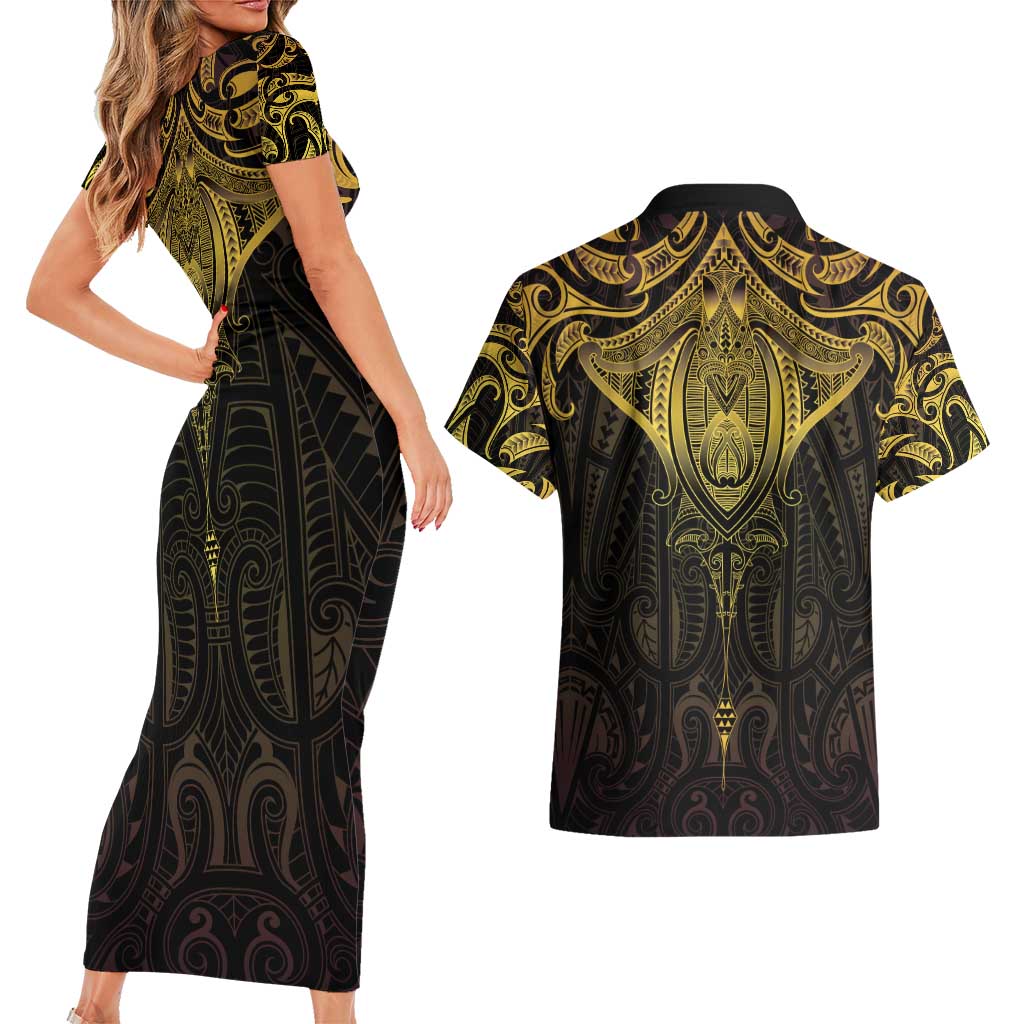 New Zealand Aotearoa Couples Matching Short Sleeve Bodycon Dress and Hawaiian Shirt Maori Manta Ray Moko Gold - Polynesian Pride