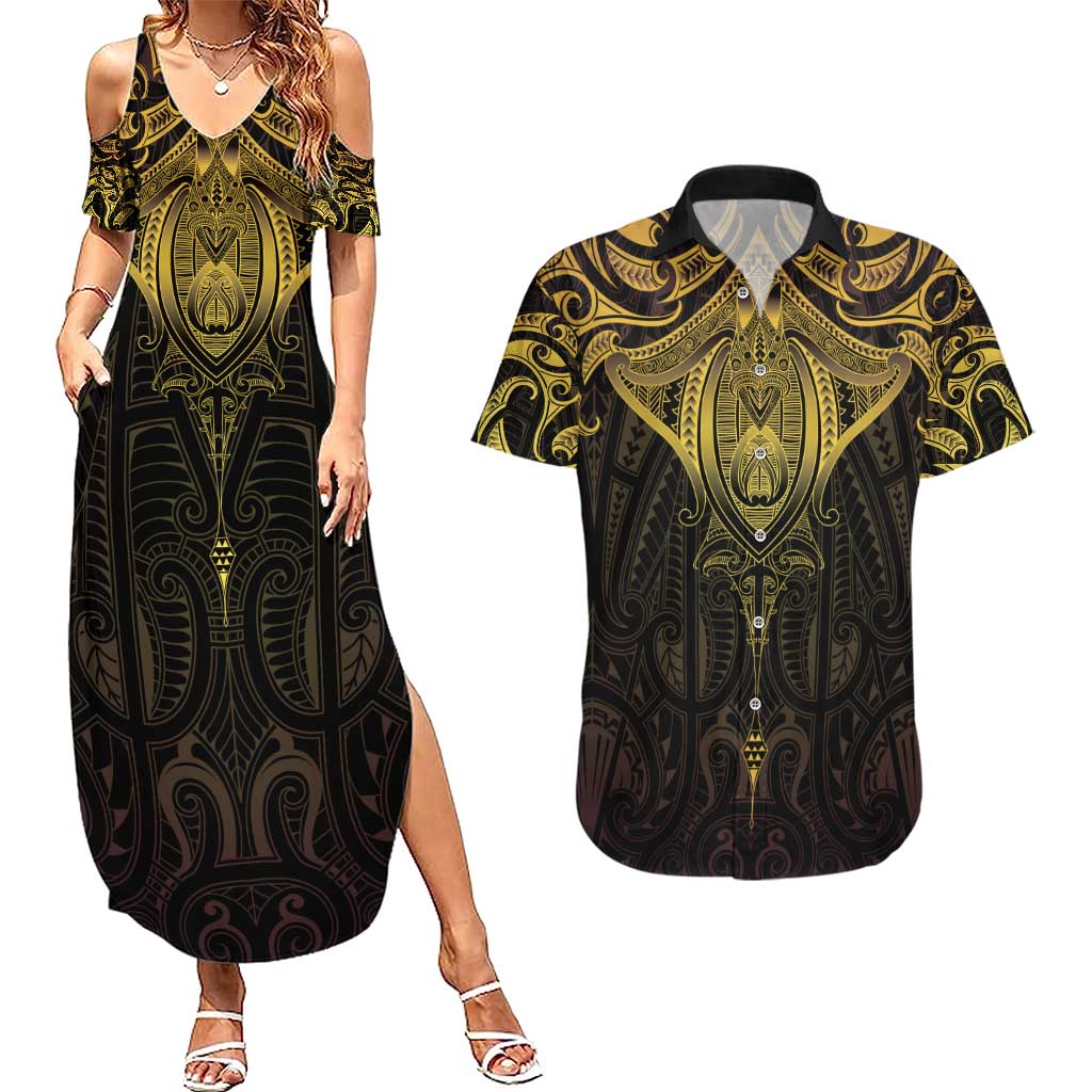 New Zealand Aotearoa Couples Matching Summer Maxi Dress and Hawaiian Shirt Maori Manta Ray Moko Gold - Polynesian Pride