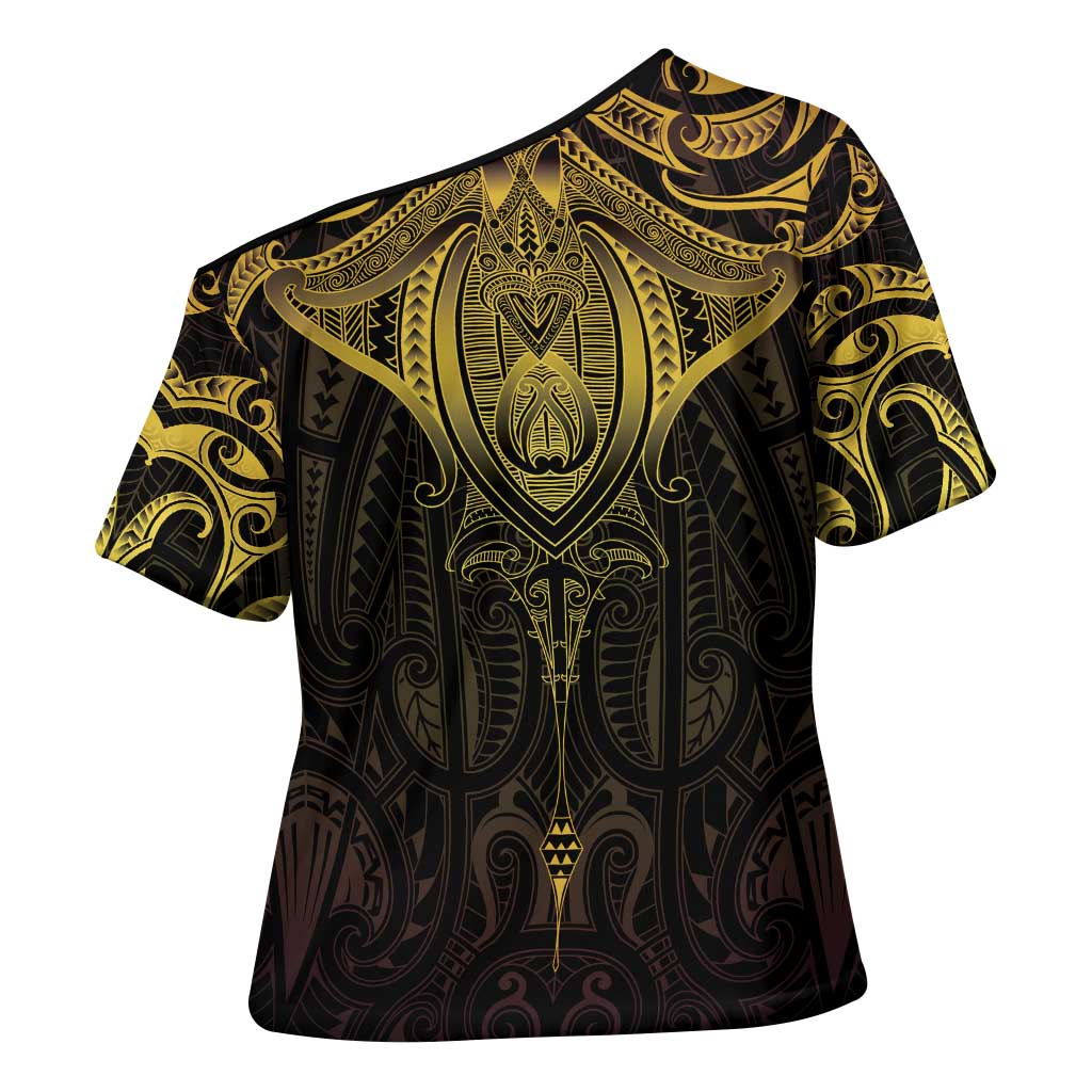 New Zealand Aotearoa Cross Shoulder Shirt Maori Manta Ray Moko Gold - Polynesian Pride