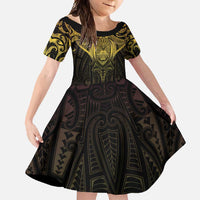 New Zealand Aotearoa Family Matching Long Sleeve Bodycon Dress and Hawaiian Shirt Maori Manta Ray Moko Gold - Polynesian Pride