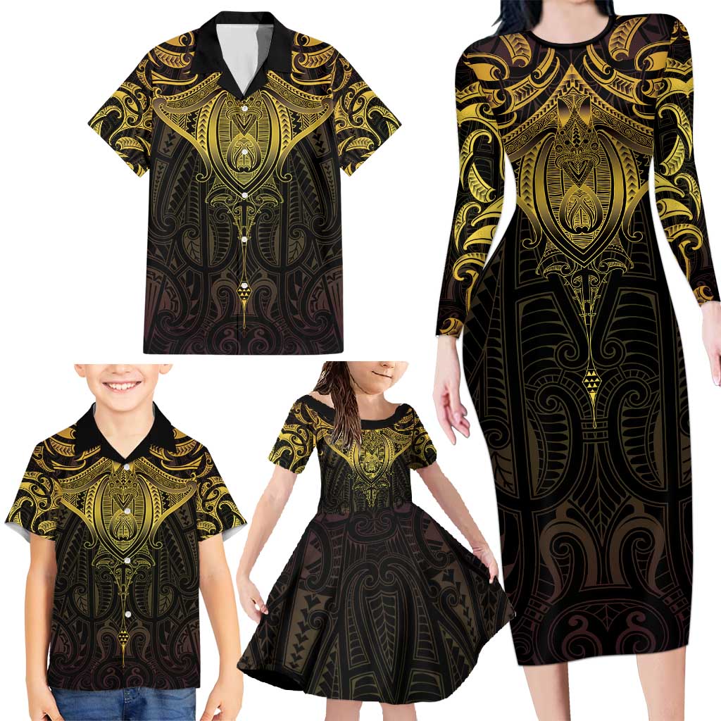 New Zealand Aotearoa Family Matching Long Sleeve Bodycon Dress and Hawaiian Shirt Maori Manta Ray Moko Gold - Polynesian Pride
