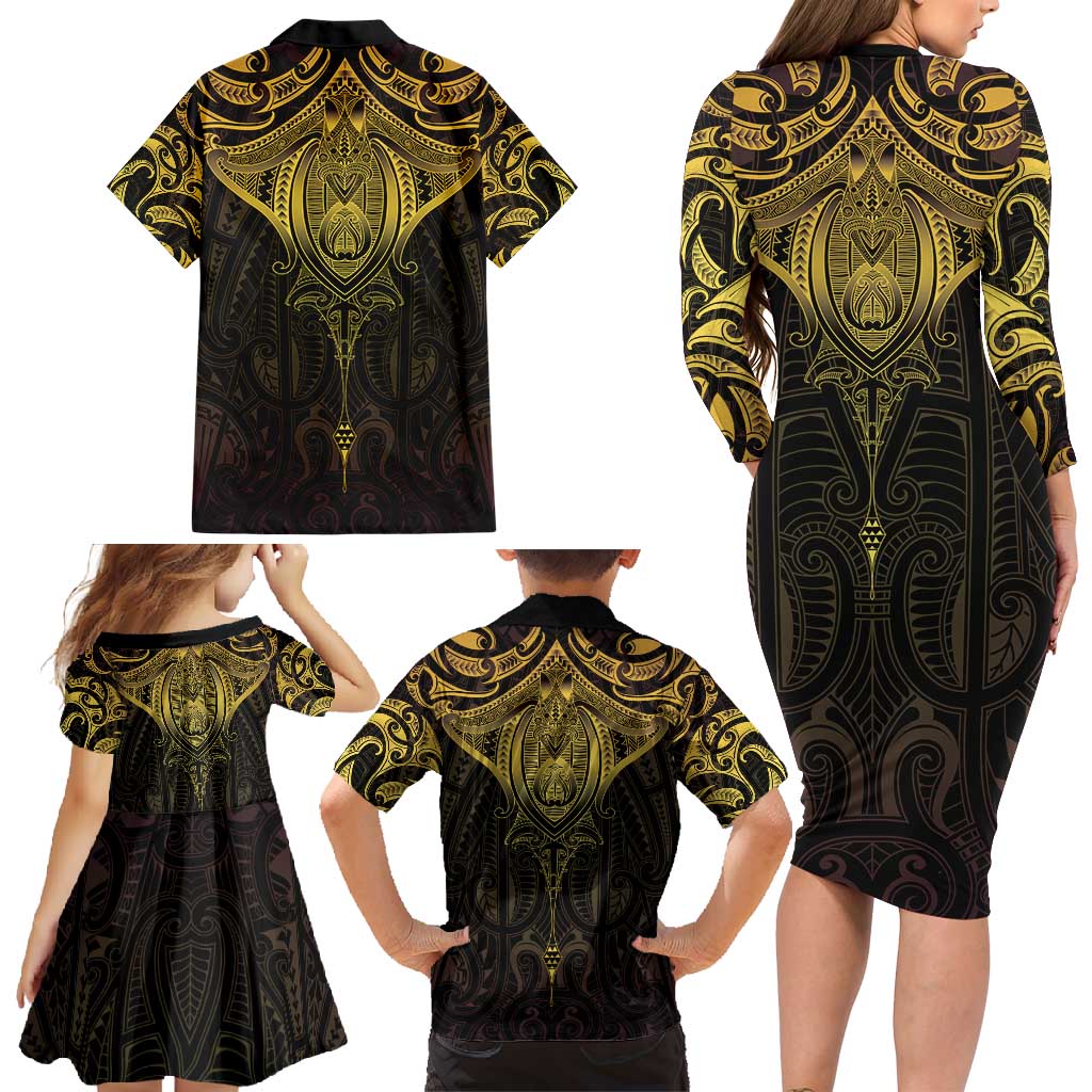 New Zealand Aotearoa Family Matching Long Sleeve Bodycon Dress and Hawaiian Shirt Maori Manta Ray Moko Gold - Polynesian Pride