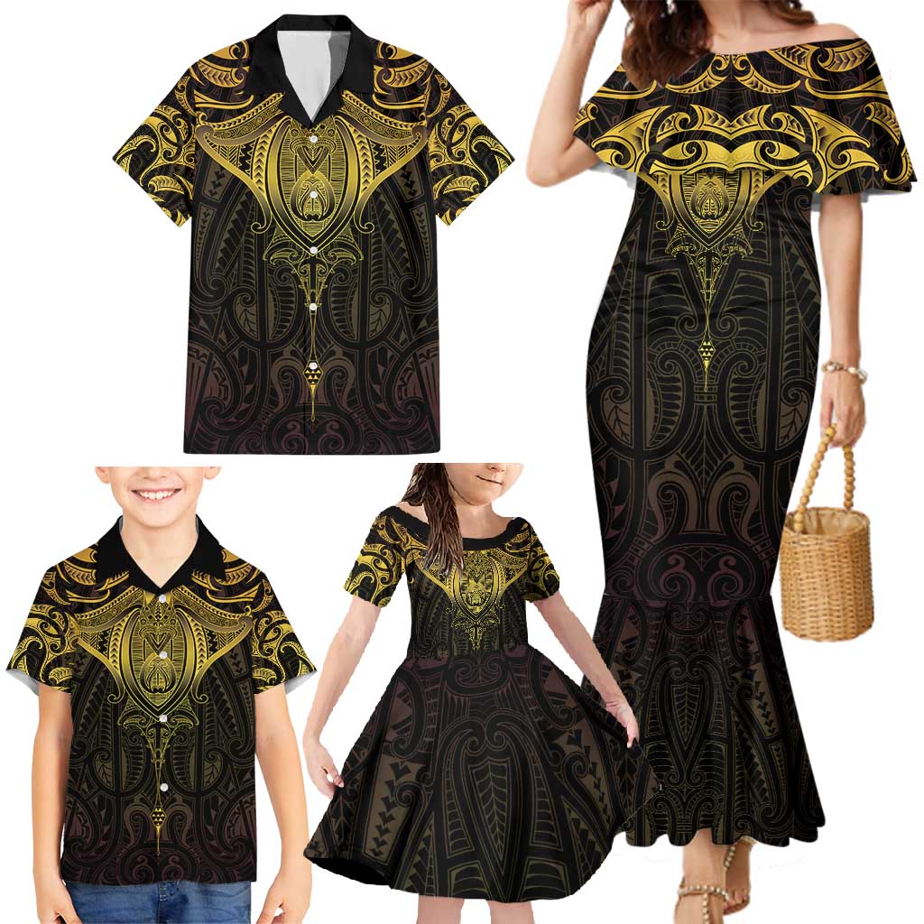 New Zealand Aotearoa Family Matching Mermaid Dress and Hawaiian Shirt Maori Manta Ray Moko Gold - Polynesian Pride