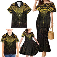 New Zealand Aotearoa Family Matching Mermaid Dress and Hawaiian Shirt Maori Manta Ray Moko Gold - Polynesian Pride