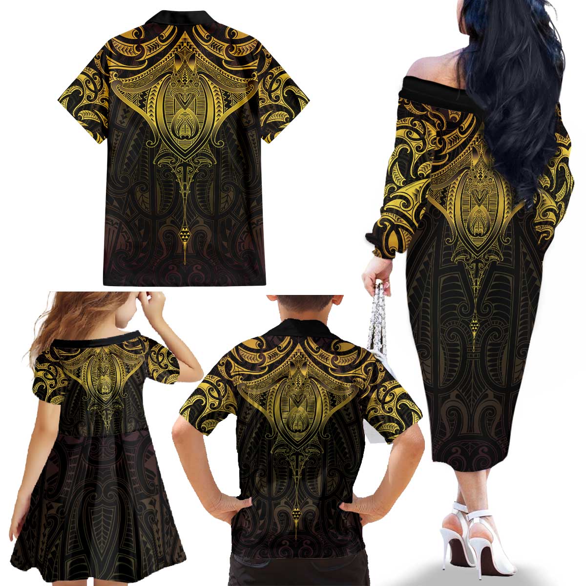 New Zealand Aotearoa Family Matching Off The Shoulder Long Sleeve Dress and Hawaiian Shirt Maori Manta Ray Moko Gold - Polynesian Pride