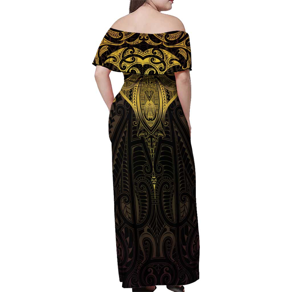 New Zealand Aotearoa Family Matching Off Shoulder Maxi Dress and Hawaiian Shirt Maori Manta Ray Moko Gold - Polynesian Pride