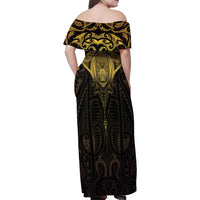 New Zealand Aotearoa Family Matching Off Shoulder Maxi Dress and Hawaiian Shirt Maori Manta Ray Moko Gold - Polynesian Pride