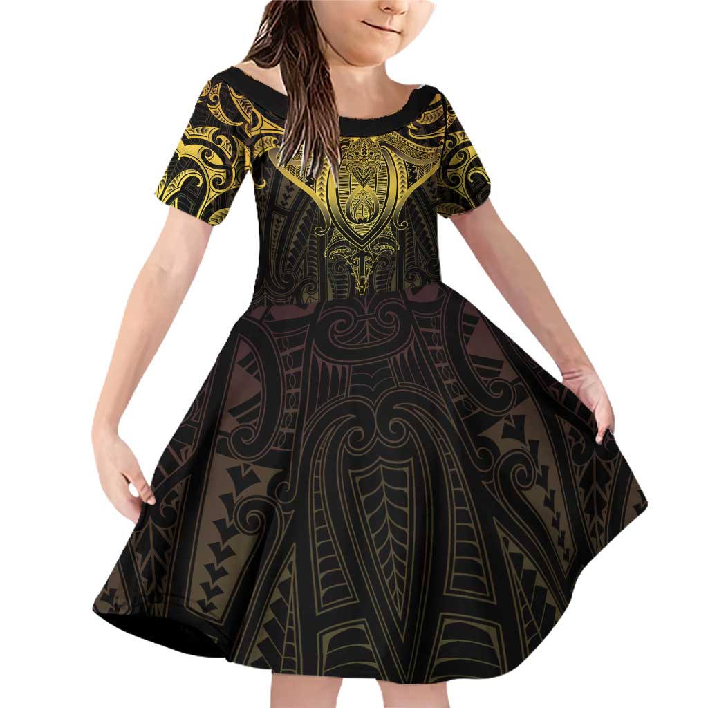 New Zealand Aotearoa Family Matching Off Shoulder Short Dress and Hawaiian Shirt Maori Manta Ray Moko Gold - Polynesian Pride