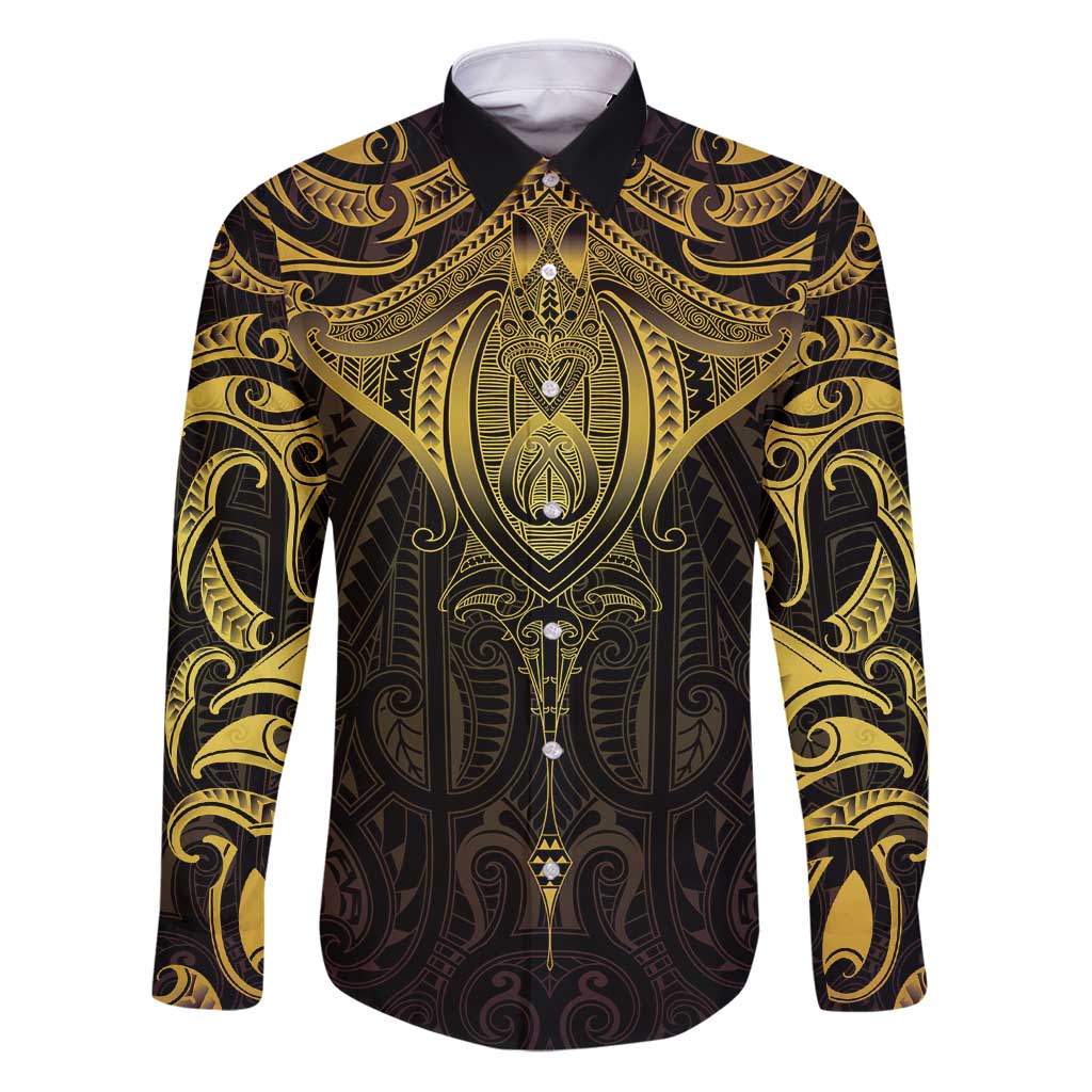 New Zealand Aotearoa Family Matching Puletasi and Hawaiian Shirt Maori Manta Ray Moko Gold - Polynesian Pride
