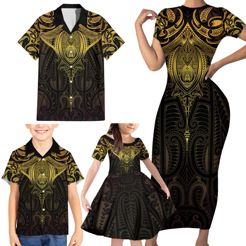 New Zealand Aotearoa Family Matching Short Sleeve Bodycon Dress and Hawaiian Shirt Maori Manta Ray Moko Gold - Polynesian Pride