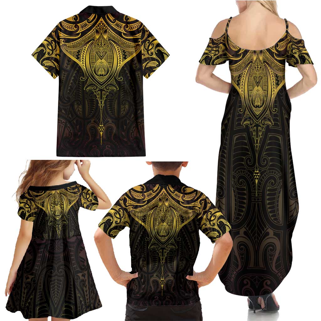 New Zealand Aotearoa Family Matching Summer Maxi Dress and Hawaiian Shirt Maori Manta Ray Moko Gold - Polynesian Pride