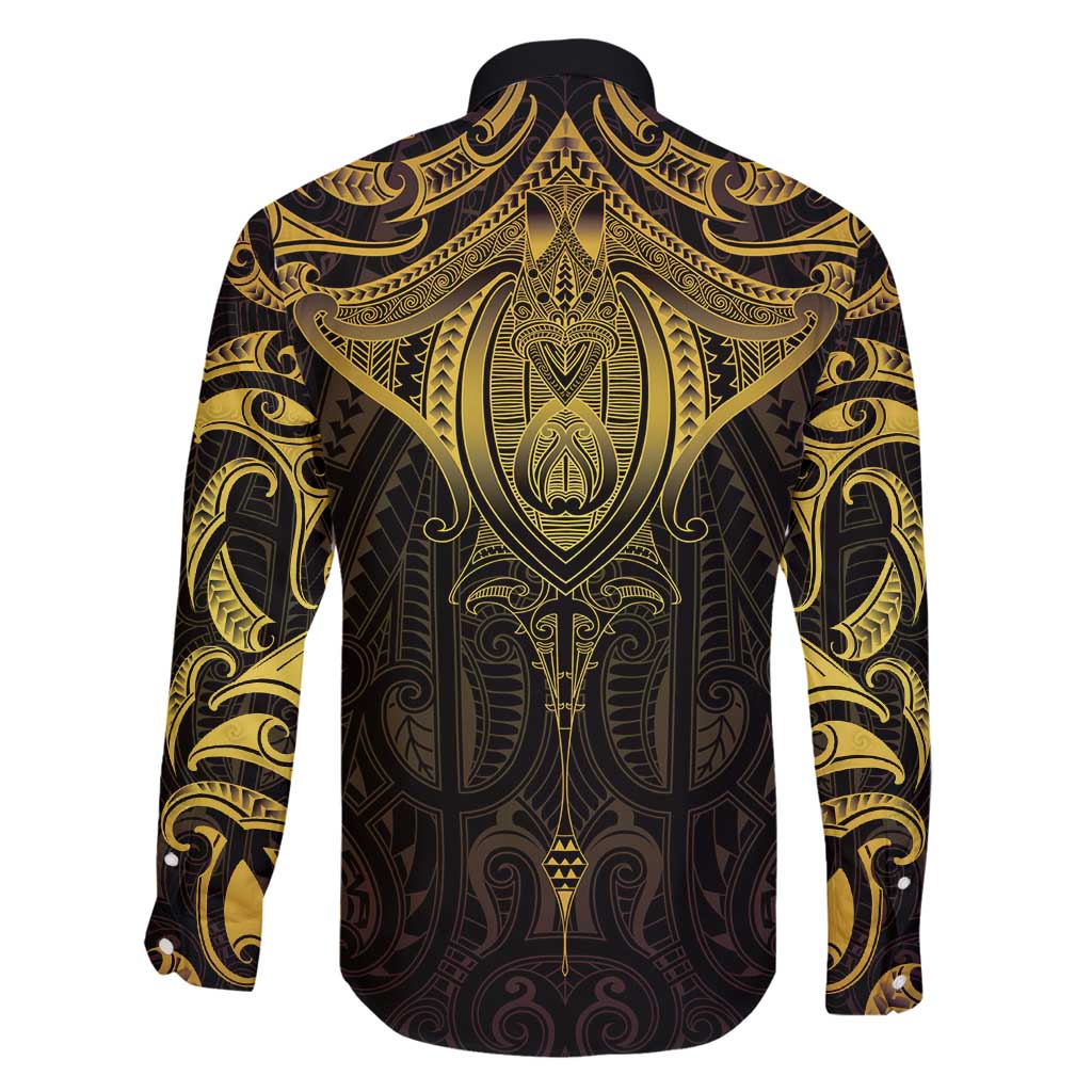 New Zealand Aotearoa Family Matching Summer Maxi Dress and Hawaiian Shirt Maori Manta Ray Moko Gold - Polynesian Pride