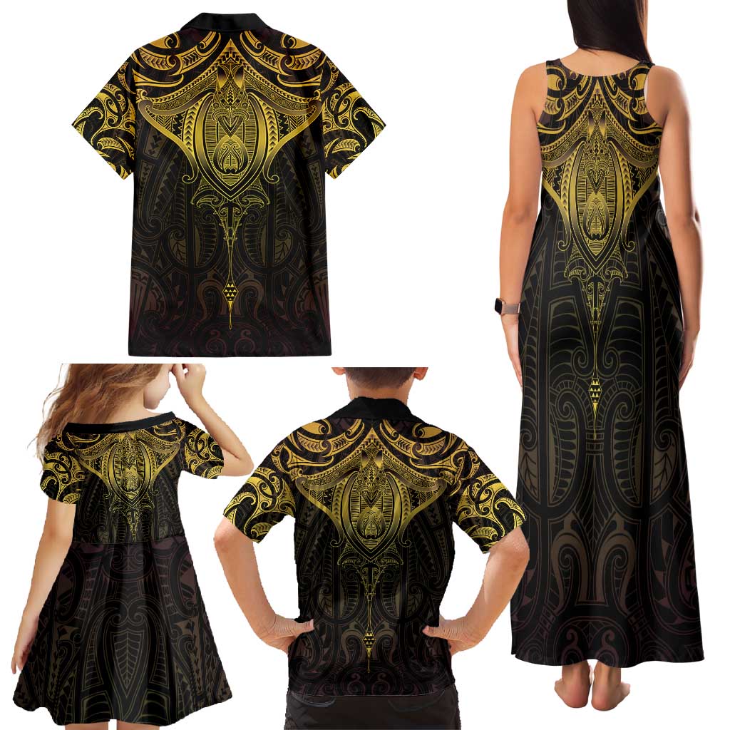 New Zealand Aotearoa Family Matching Tank Maxi Dress and Hawaiian Shirt Maori Manta Ray Moko Gold - Polynesian Pride