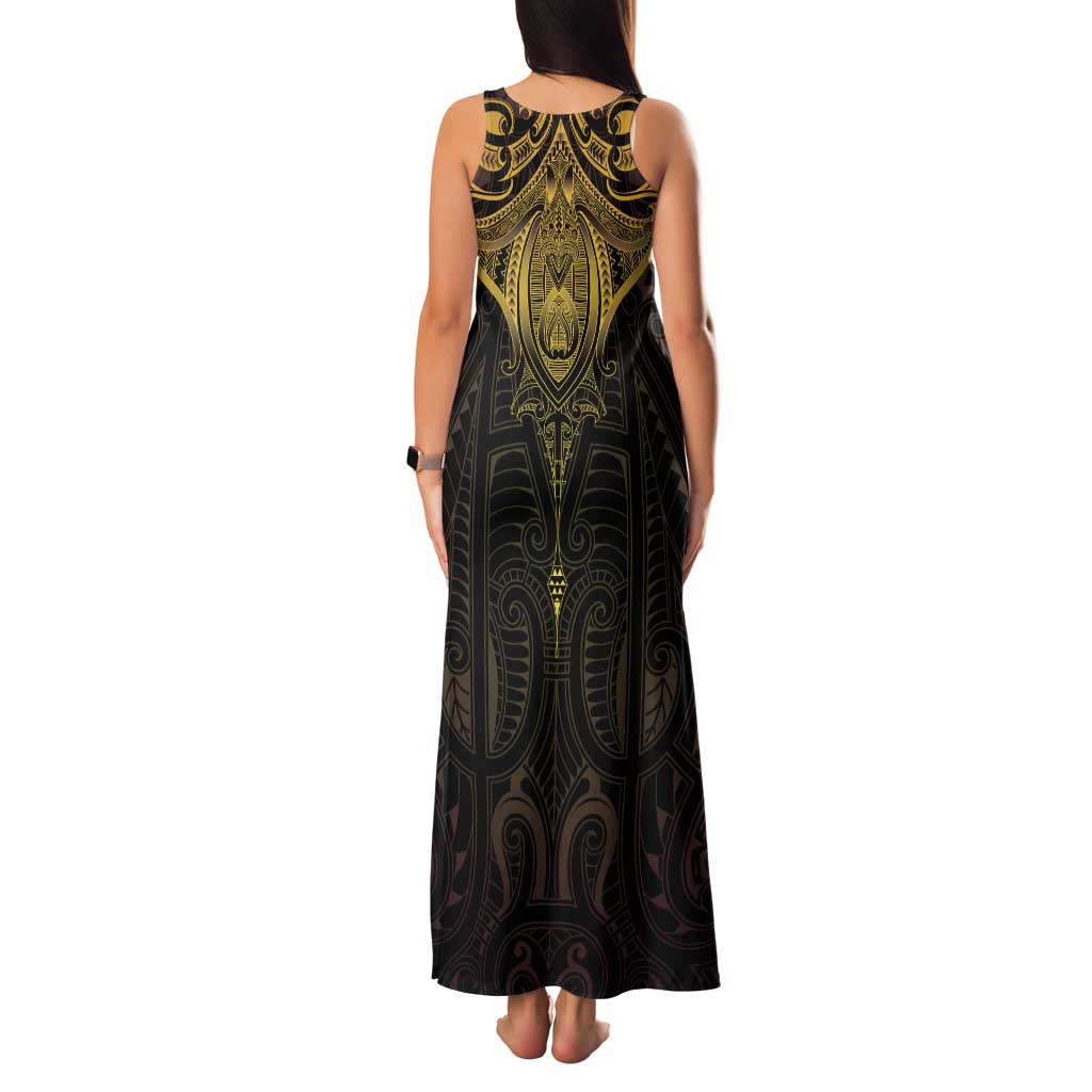 New Zealand Aotearoa Family Matching Tank Maxi Dress and Hawaiian Shirt Maori Manta Ray Moko Gold - Polynesian Pride