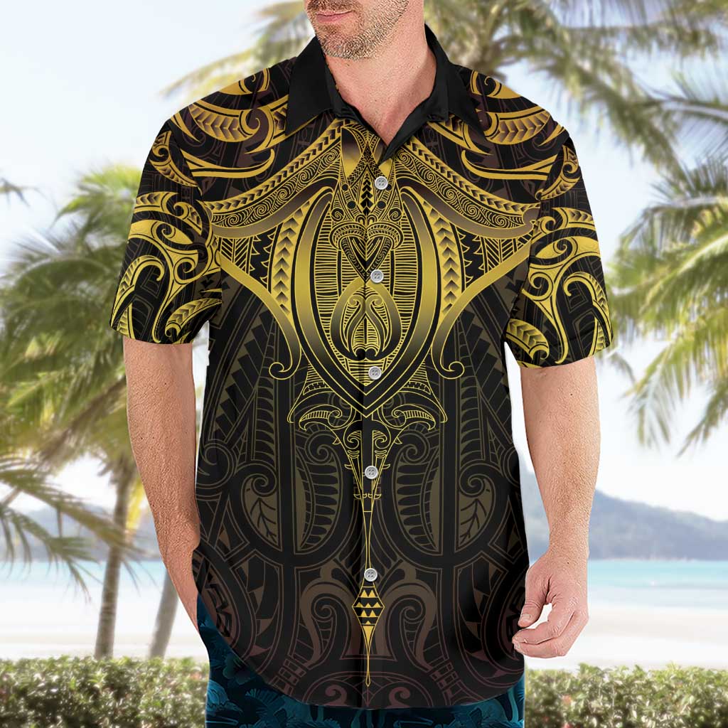 New Zealand Aotearoa Hawaiian Shirt Maori Manta Ray Moko Gold - Polynesian Pride