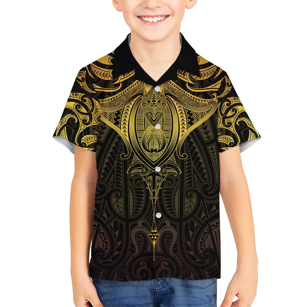 New Zealand Aotearoa Hawaiian Shirt Maori Manta Ray Moko Gold - Polynesian Pride