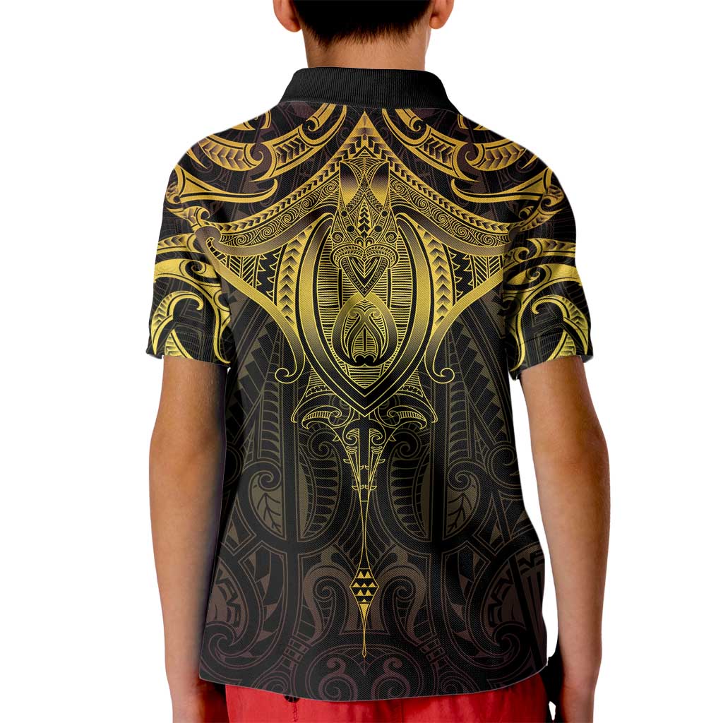 New Zealand Aotearoa Kid Polo Shirt Maori Manta Ray Moko Gold - Polynesian Pride