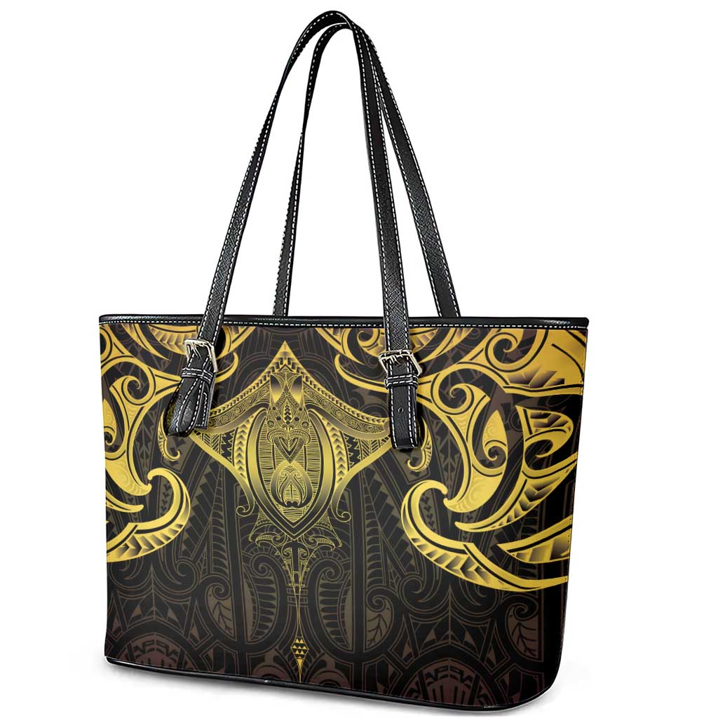 New Zealand Aotearoa Leather Tote Bag Maori Manta Ray Moko Gold - Polynesian Pride