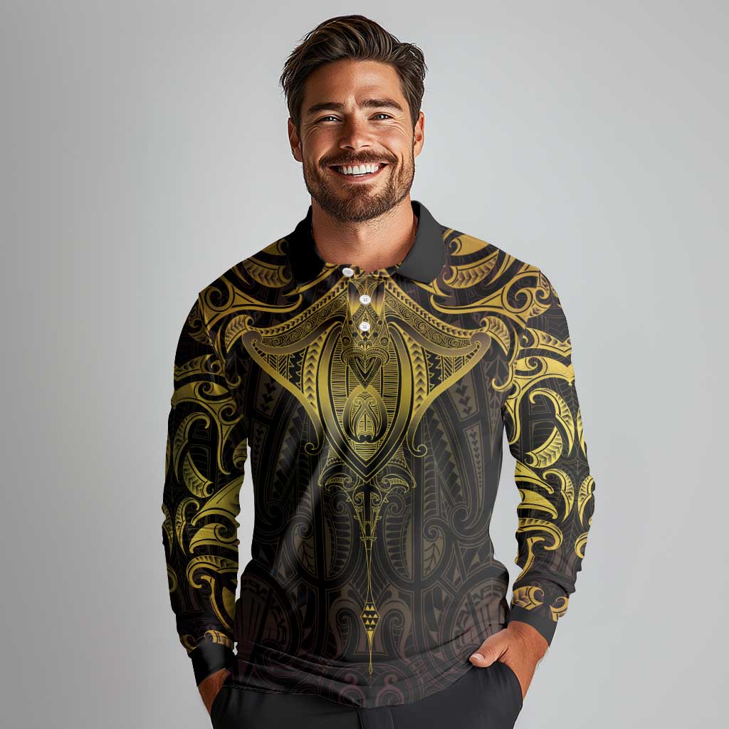 New Zealand Aotearoa Long Sleeve Polo Shirt Maori Manta Ray Moko Gold - Polynesian Pride