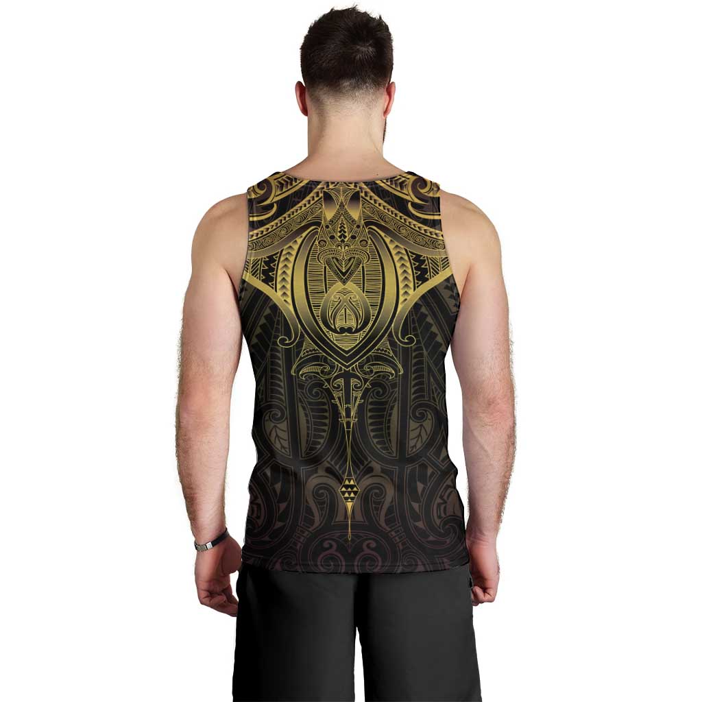 New Zealand Aotearoa Men Tank Top Maori Manta Ray Moko Gold - Polynesian Pride