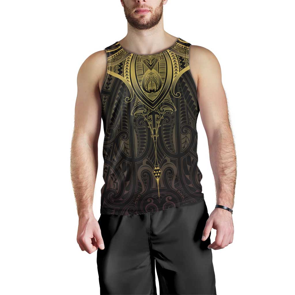 New Zealand Aotearoa Men Tank Top Maori Manta Ray Moko Gold - Polynesian Pride