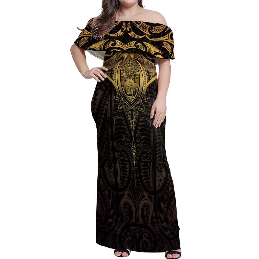 New Zealand Aotearoa Off Shoulder Maxi Dress Maori Manta Ray Moko Gold - Polynesian Pride