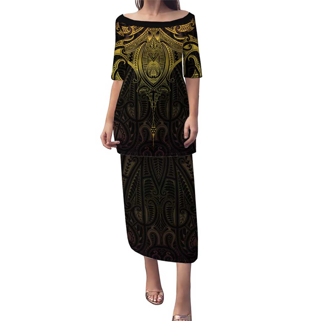 New Zealand Aotearoa Puletasi Maori Manta Ray Moko Gold LT05 Long Dress Gold - Polynesian Pride